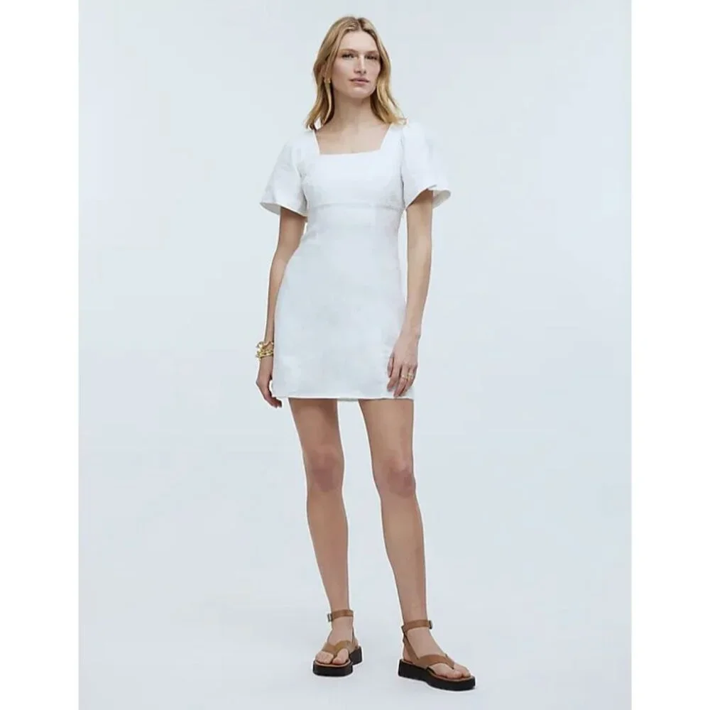 MADEWELL Square-Neck Mini Dress in 100% Linen White 12 NWT - Picture 3 of 12